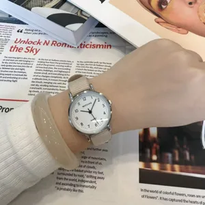 Detail shot of the minimalist quartz watch with canvas strap worn on wrist for casual daily style.