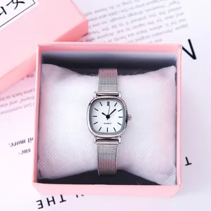 Damen Mode quadratische Quarzuhr mit Mesh-Armband in rosa Geschenkschachtel, elegantes Design.