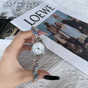 Vintage Perlen geflochtenes Armbanduhr mit kleinem Zifferblatt, elegante Damenuhr Quarzuhr.