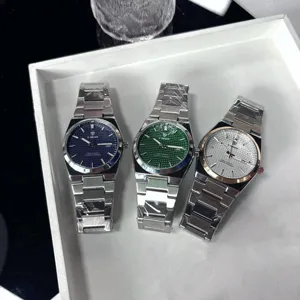 Men's luxury business quartz watch with metal strap, calendar display, and textured dial.