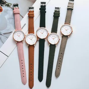 Minimalist quartz wristwatch for women with colorful leather strap, casual and sweet style.