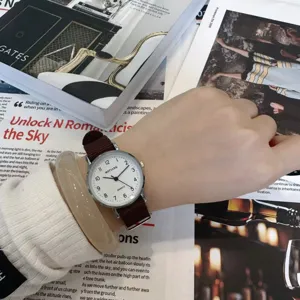 Detail shot of a minimalist quartz watch with brown canvas strap and white dial on wrist.