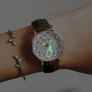 Women luminous quartz watch with green leather strap, elegant daily casual timepiece.