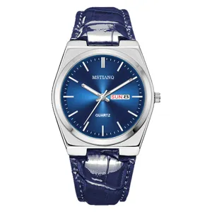 Elegante orologio da polso al quarzo da uomo con quadrante blu e cinturino in pelle blu.