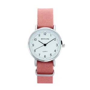 Minimalist pink canvas strap quartz watch for women, stylish student reloj with white dial.