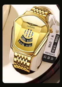 Gouden heren quartz horloge met unieke geometrische wijzerplaat en metalen band detail.