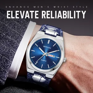 Orologio al quarzo da uomo con quadrante blu, lunetta argentata e cinturino in pelle.