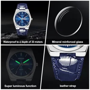 Orologio al quarzo da uomo d'affari con quadrante blu, lancette luminescenti e cinturino in pelle.