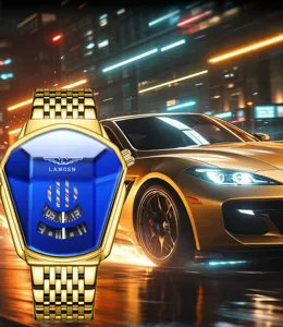 Luxe gouden quartz herenhorloge, uniek blauw wijzerplaat creatief sportontwerp waterdicht polshorloge.