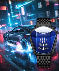 Cyberpunk stijl heren quartz horloge unieke geometrische vorm zwart metalen bandje