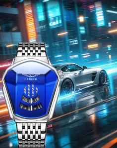 Futuristische cyberpunk heren quartz horloge met unieke blauwe wijzerplaat en stalen band.