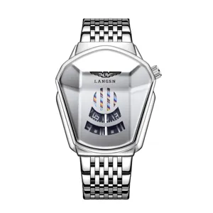 Zilveren heren quartz horloge met unieke schildkast en stalen band, stoer en modern design.