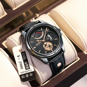 Luxe heren automatisch mechanisch horloge met zwarte wijzerplaat en lederen band.