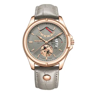 Heren luxe polshorloge met grijze leren band roségouden kast mechanische stijl wijzerplaat dagelijks.