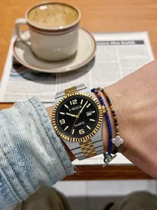 Fashion men's quartz watch with black textured dial, two-tone strap and calendar.