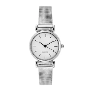 Minimalist silver mesh strap quartz watch detail, clean white dial with simple line markers.