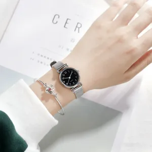 Minimalist women quartz watch featuring mesh metal strap and elegant floral bracelet.