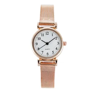 Minimalist women's quartz watch with rose gold mesh strap and clean arabic numeral dial for daily wear.