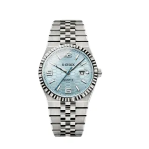 Men's quartz wristwatch with light blue honeycomb dial, stainless steel strap and calendar window.