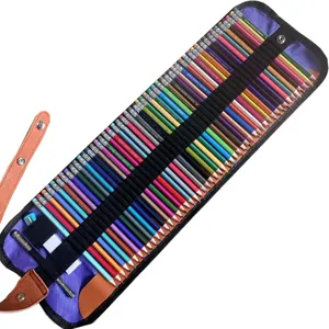 Set uitwisbare kleurpotloden in een paarse opvouwbare canvas etui gedetailleerd weergave