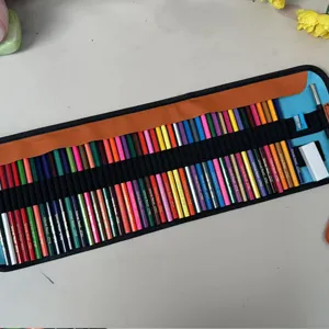 Detailed view of the 50-color professional oil-based colored pencil roll set with canvas bag.