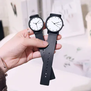 Minimalist couple watch set with black strap and white dial, chic student casual quartz wristwatch.