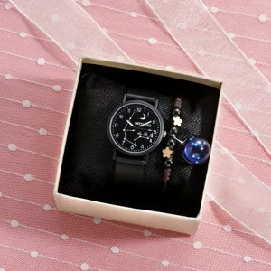 Constellation quartz watch and bracelet gift set for youth, black dial student fashion watch