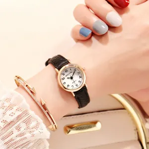 Detailed shot of a minimalist small dial quartz watch with black leather strap for women and students.