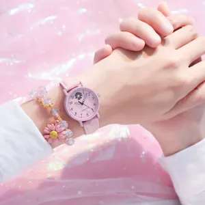 Rosa Gänseblümchen Uhr Detailansicht, süße Studenten Quarzarmbanduhr mit Armband.