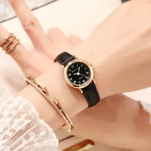Women small dial quartz watch with black leather strap, minimalist retro student wristwatch.