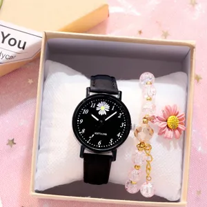 Gänseblümchen Uhr und Armband Geschenkset für Damen, schwarzes Zifferblatt mit Perlenkette.
