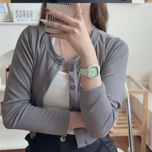 Korean minimalist square quartz watch for women, elegant green strap fashion timepiece.