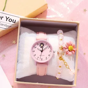 Rosa Gänseblümchen Uhr und Perlenarmband Geschenkeset für Mädchen einfache studentenstil