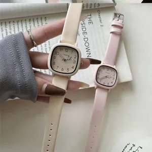 Minimalist square dial quartz watch with soft leather strap for women and girls daily wear