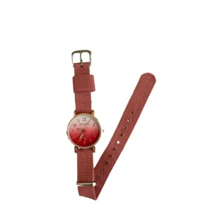 Fashion quartz watch with pink canvas strap and gradient red dial for casual daily wear.