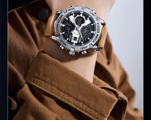 Gedetailleerd overzicht van een multifunctioneel quartz horloge met bruine leren band en bezel.