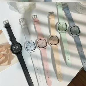 Minimalist square dial women quartz watch with colorful leather strap chic daily wear