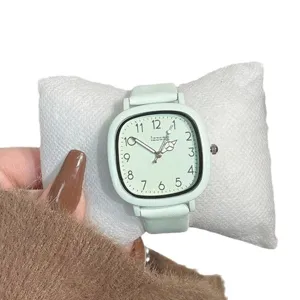 Minimalist mint green square dial quartz watch for women and students with elegant style