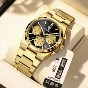 Men's gold quartz watch with black dial stainless steel strap luxury chronograph waterproof business casual timepiece