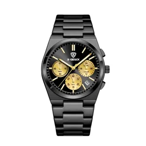 Stylish men's quartz watch featuring a black steel strap and striking gold subdials.