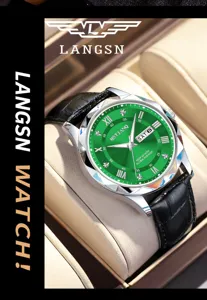 Men quartz watch green dial faceted bezel luxury business leather strap fashion timepiece detail