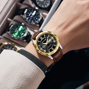 Luxury mens quartz watch with brown leather strap, gold case and black dial for daily wear.