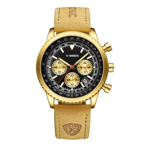 Orologio cronografo al quarzo oro da uomo con quadrante nero e cinturino in pelle stile affari.