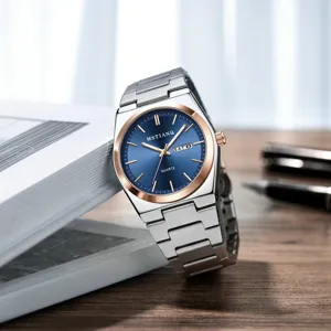 Men quartz watch steel strap blue dial business casual wrist watch with date display