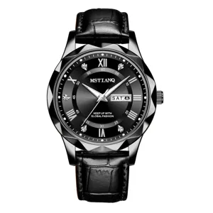 Men's quartz watch with black leather strap geometric bezel and date display sleek style