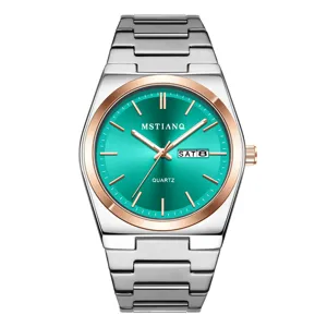 Men's quartz watch with steel strap, green dial and date display for business fashion wear.