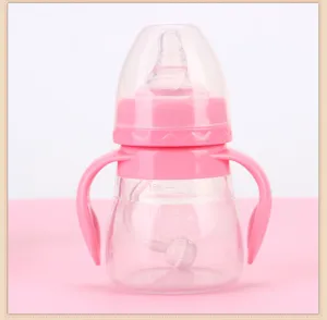 Pink baby feeding bottle detail view with dual handles and gravity straw 150ml capacity
