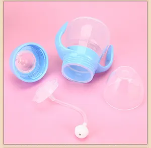Baby training sippy cup with dual handles and gravity straw, 150ml wide neck silicone bottle.