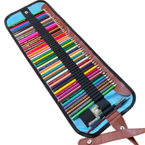 Canvas roll up pencil case set with 50 colored pencils for art student drawing tools