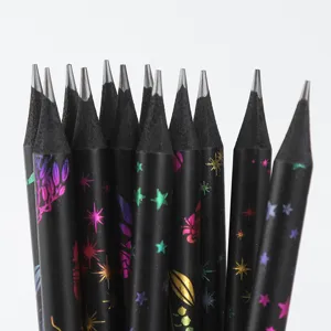 Black wood pencils with colorful foil printed stars and floral designs for school students.